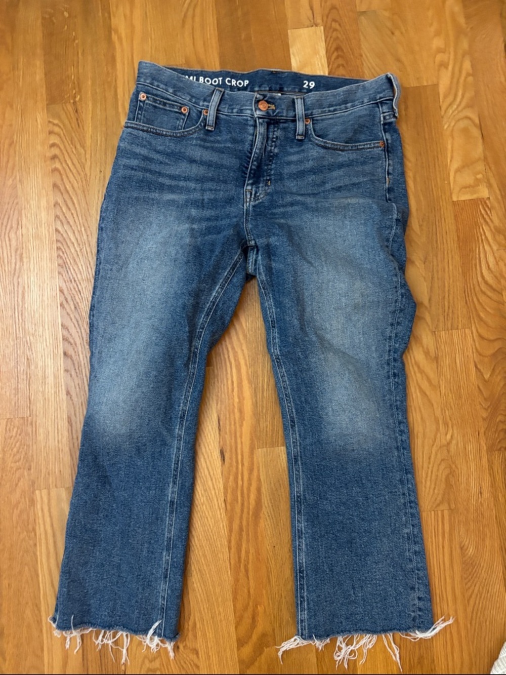 J. Crew Mid Blue Cropped Bootcut Jeans with Raw Hem